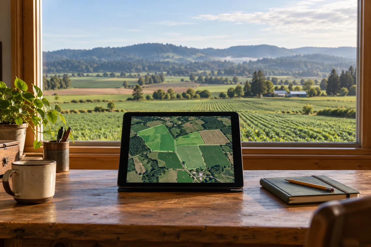 AI-generated farm office illustration with a tablet showing field parcels and a window overlooking farmland