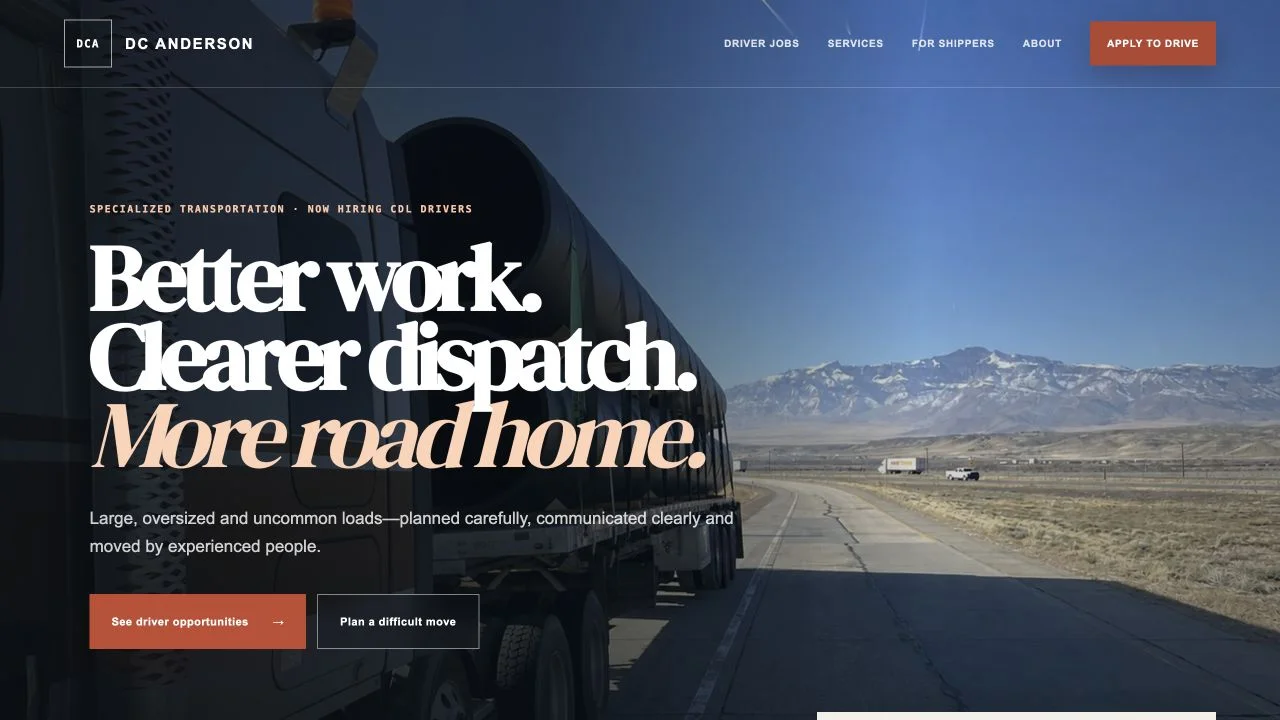 DC Anderson public website showing specialized freight and distinct driver and shipper calls to action