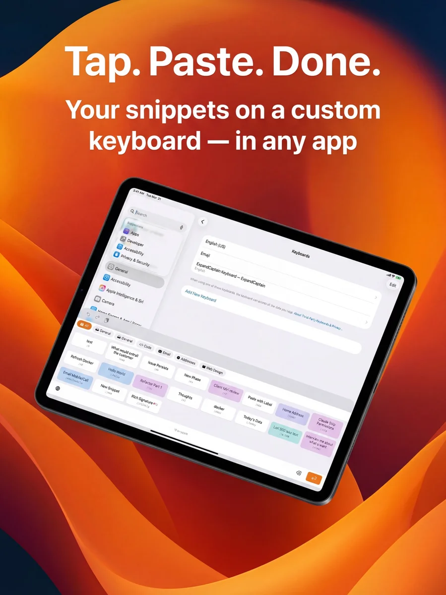 Expand Captain product artwork showing its color-coded snippet keyboard on iPad